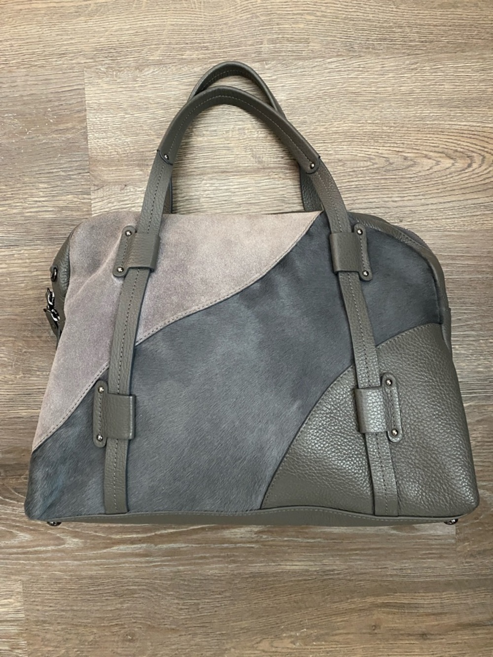 Iacucci Structured Gray Patchwork Suede and Leather Handbag